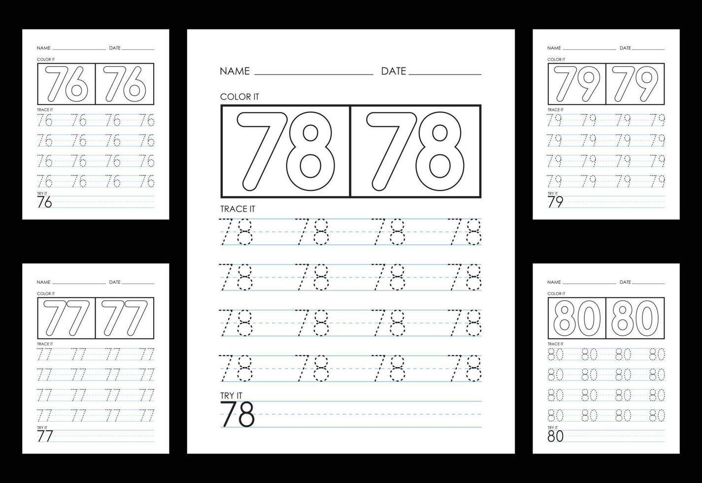 Tracing And Coloring Numbers Worksheets Learn Numbers. vector