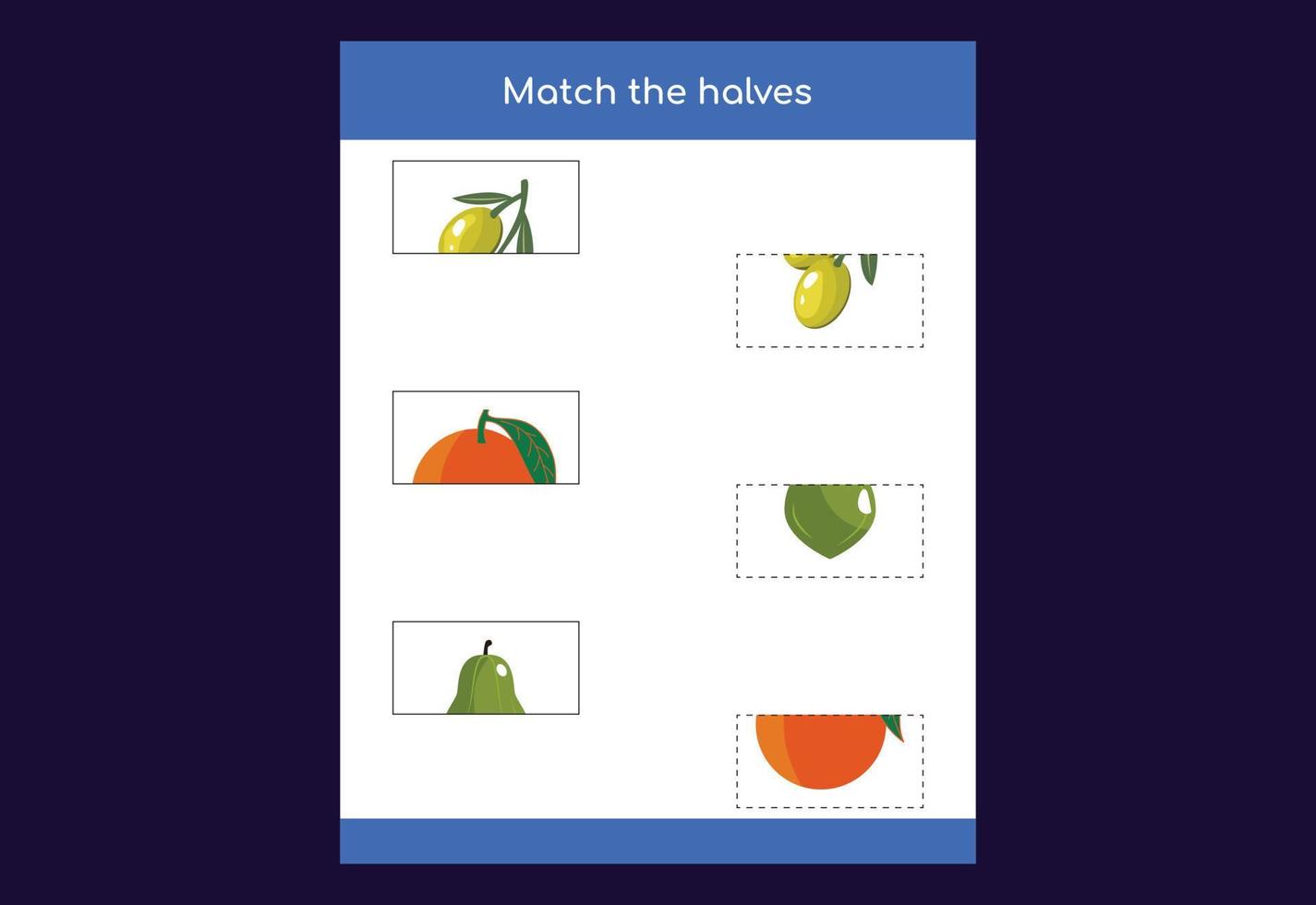 Matching game. Match halves of Fruits. Educational game for children, printable worksheet vector