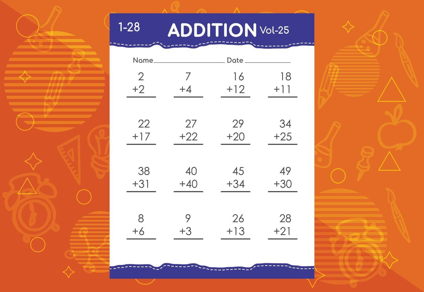 Basic math addition for kids. An educational worksheet for kids. Vector design