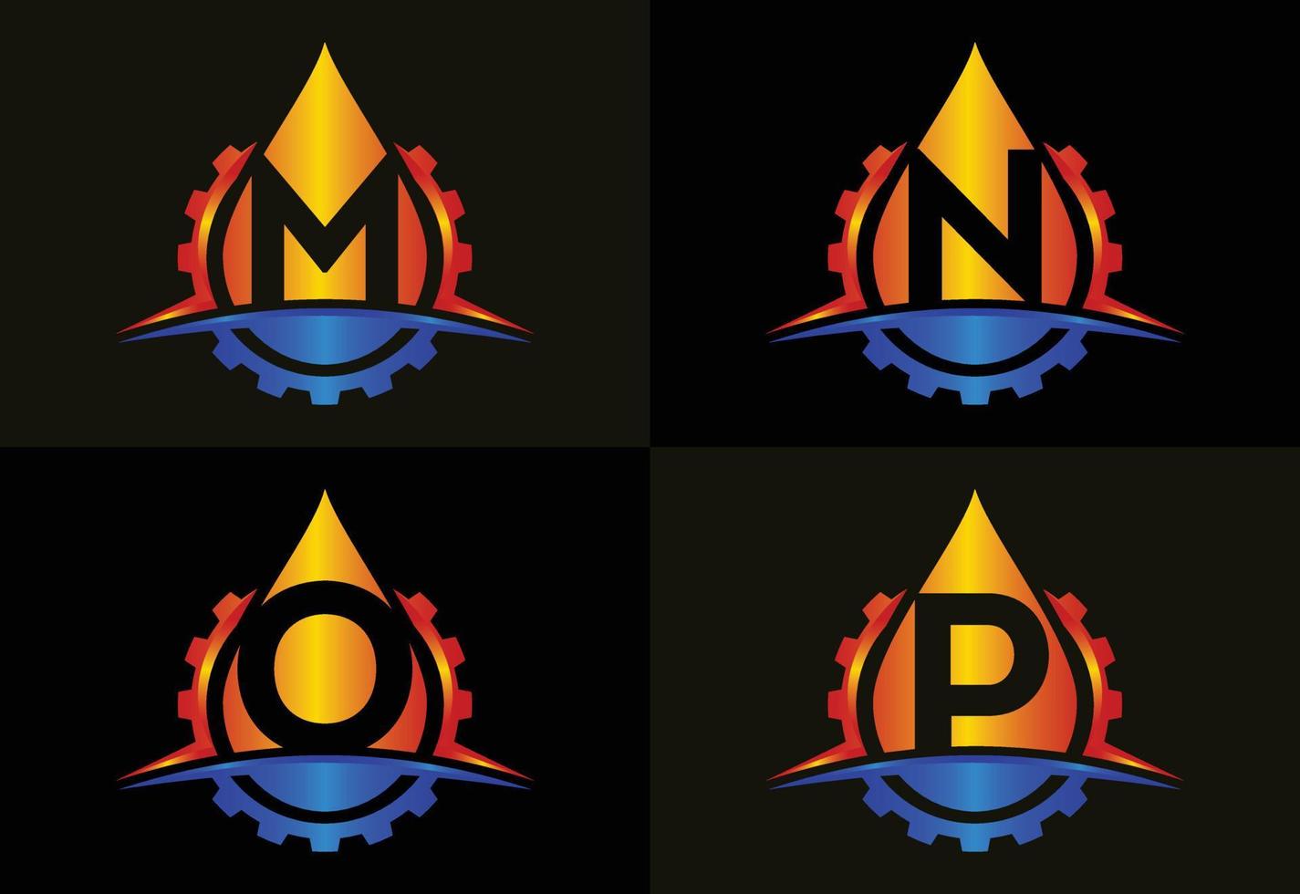 Initial M N O P monogram alphabet with gear swoosh and oil. Oil and gas logo concept. Font emblem vector