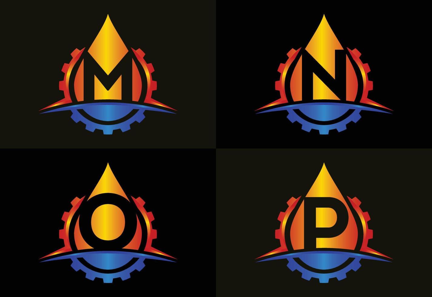 alfabeto inicial del monograma mnop con engranaje swoosh y aceite. concepto de logotipo de petróleo y gas. emblema de fuente vector