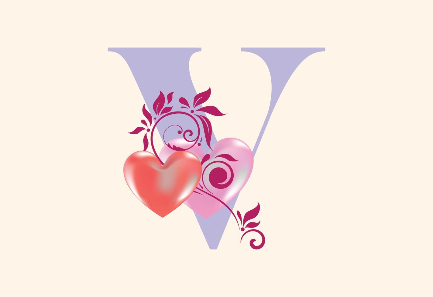 Floral V monogram letter with heart sign. Initial alphabet with