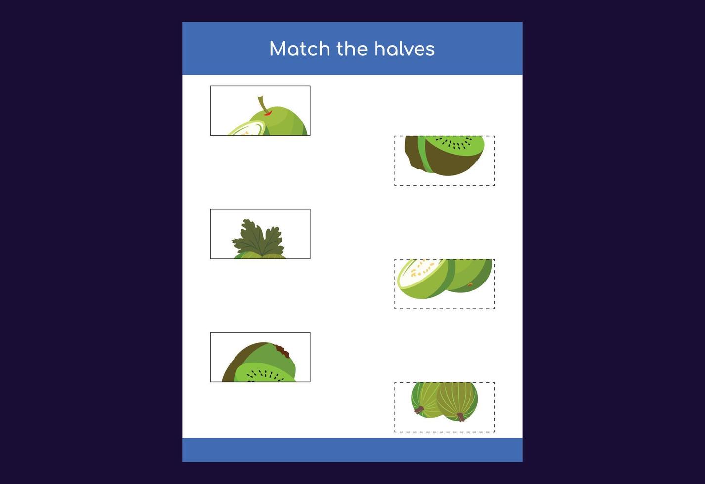 Matching game. Match halves of Fruits. Educational game for children, printable worksheet vector