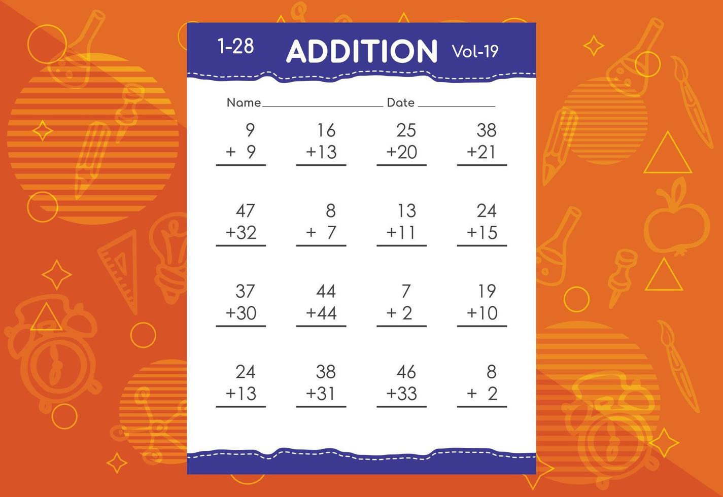 Basic math addition for kids. An educational worksheet for kids. Vector design