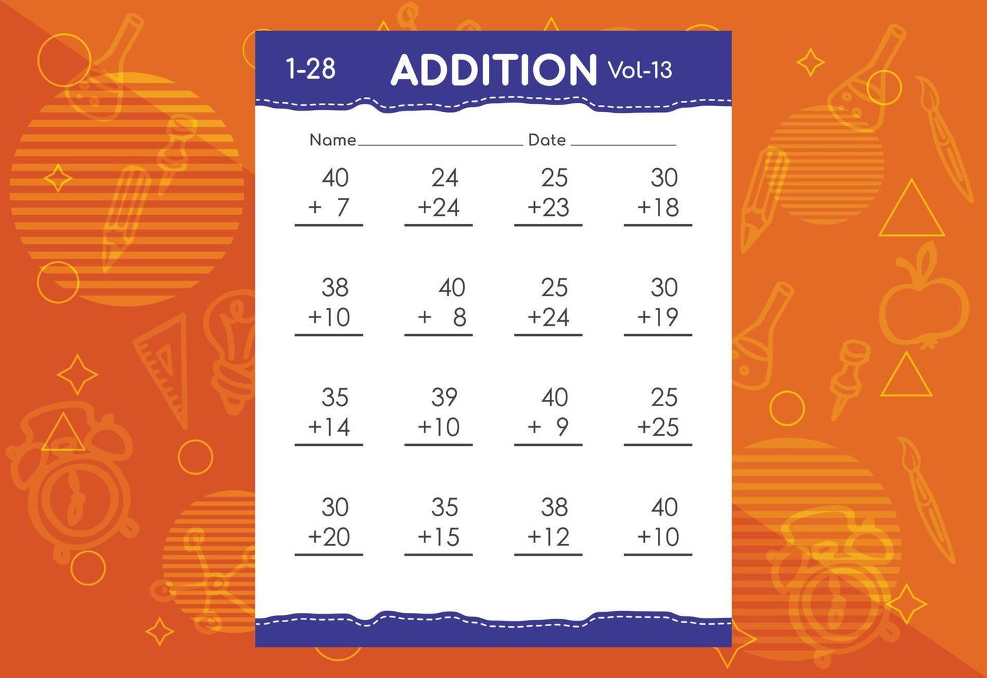 Basic math addition for kids. An educational worksheet for kids. Vector design