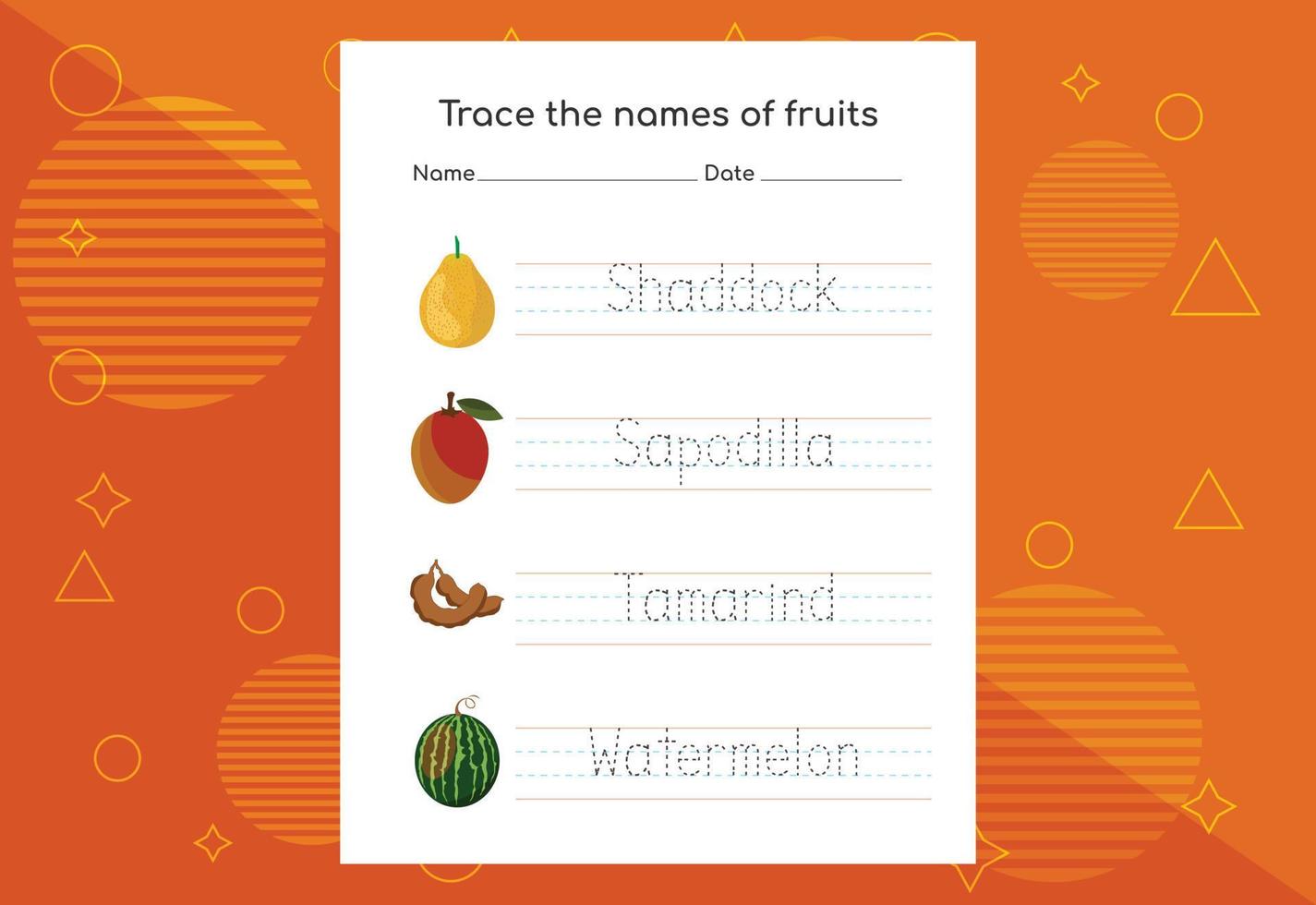 Trace the names of fruits. Handwriting practice for preschool kids. vector