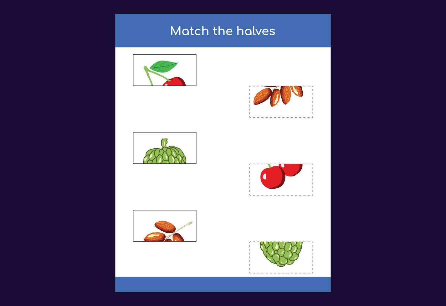 juego de correspondencias. emparejar mitades de frutas. juego educativo para niños, hoja de trabajo imprimible vector