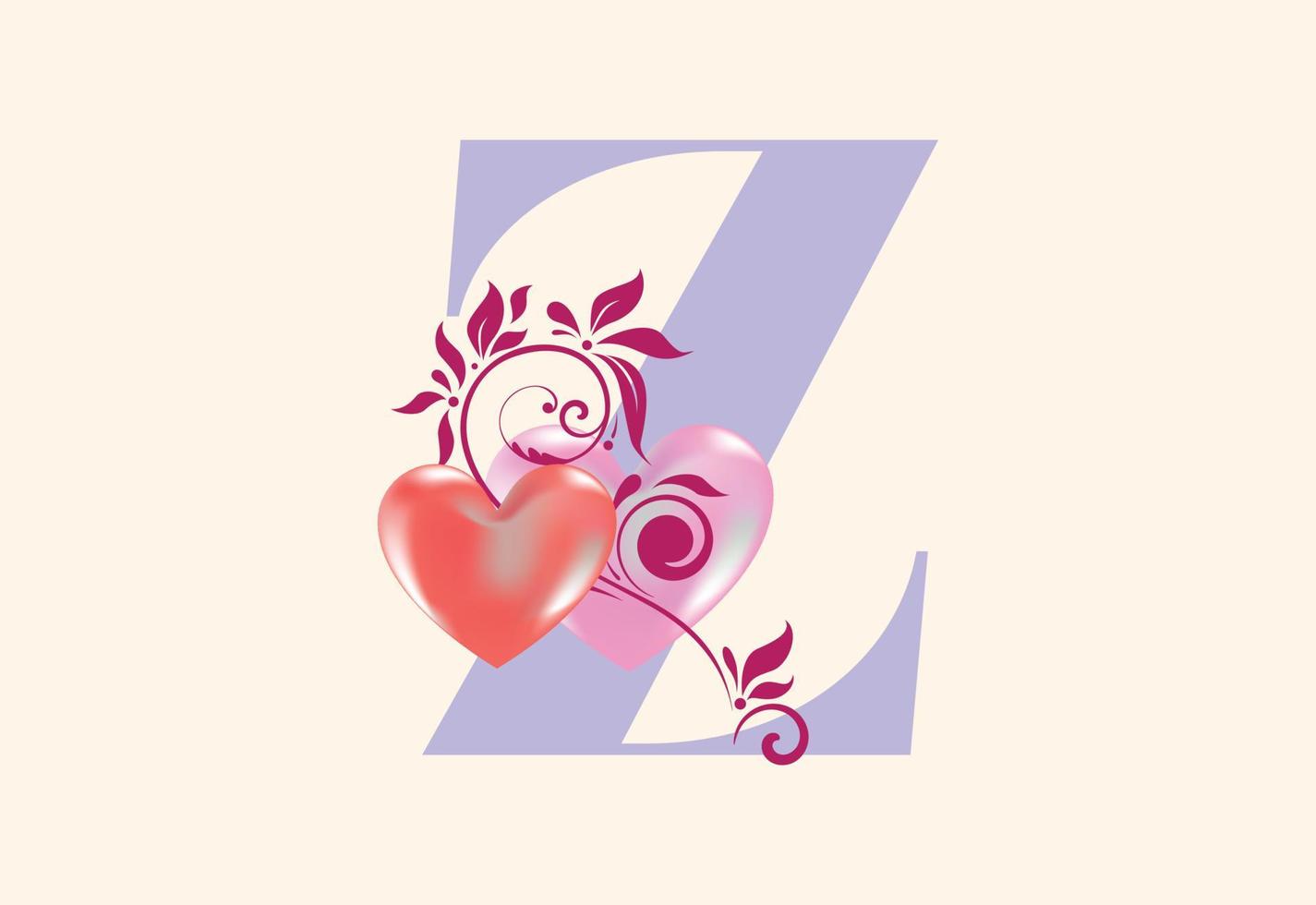Floral Z monogram letter with heart sign. Initial alphabet with botanical elements. vector