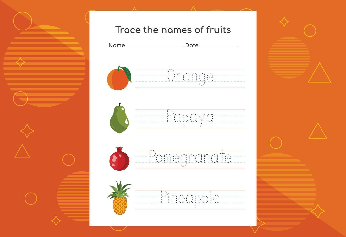 Trace the names of fruits. Handwriting practice for preschool kids. vector