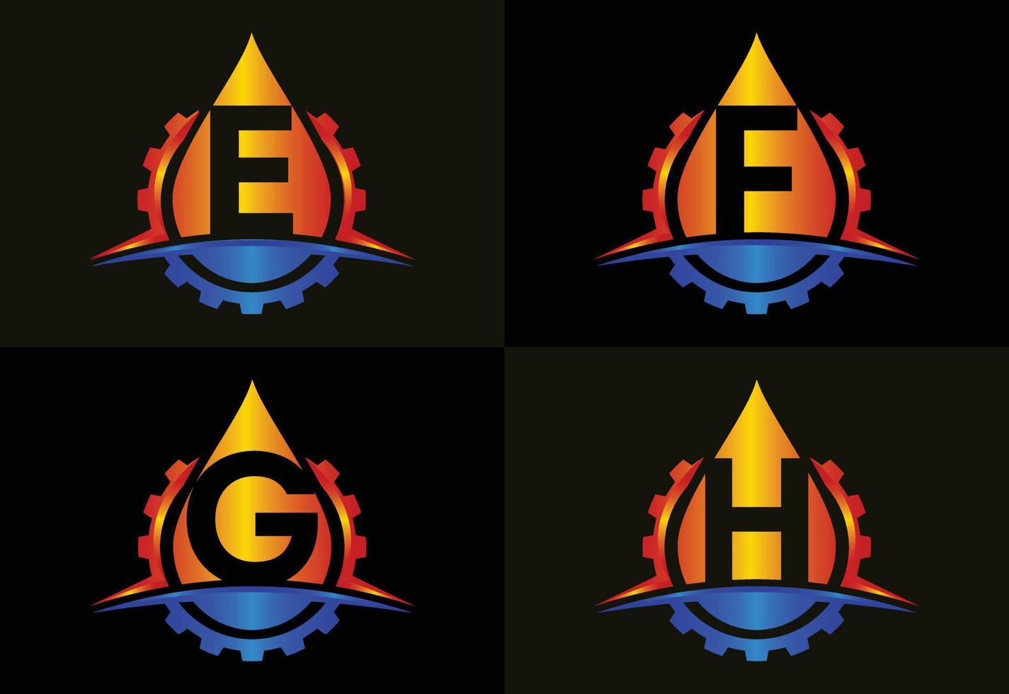 alfabeto inicial del monograma efgh con engranaje swoosh y aceite. concepto de logotipo de petróleo y gas. emblema de fuente vector