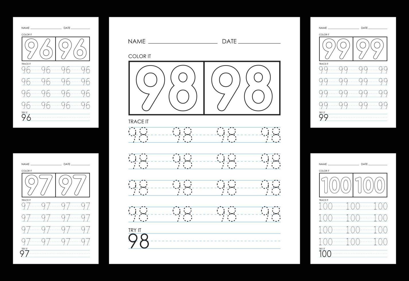 Tracing And Coloring Numbers Worksheets Learn Numbers. vector