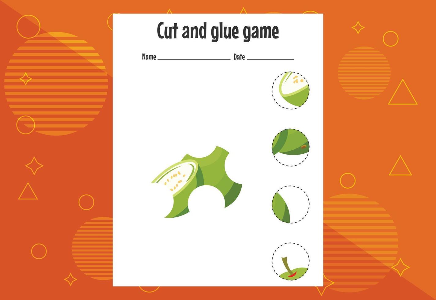 Cut and glue game for kids with fruits. Cutting practice for preschoolers. Education page vector