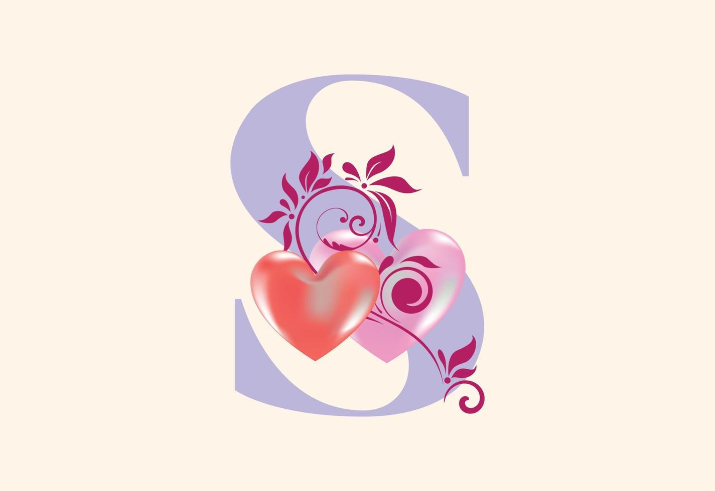Floral S monogram letter with heart sign. Initial alphabet with botanical elements. vector