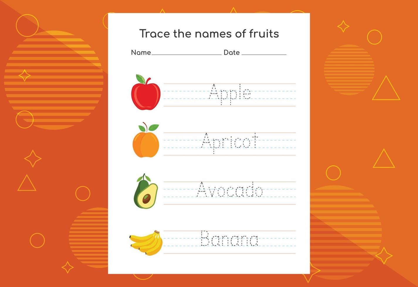 Trace the names of fruits. Handwriting practice for preschool kids. vector