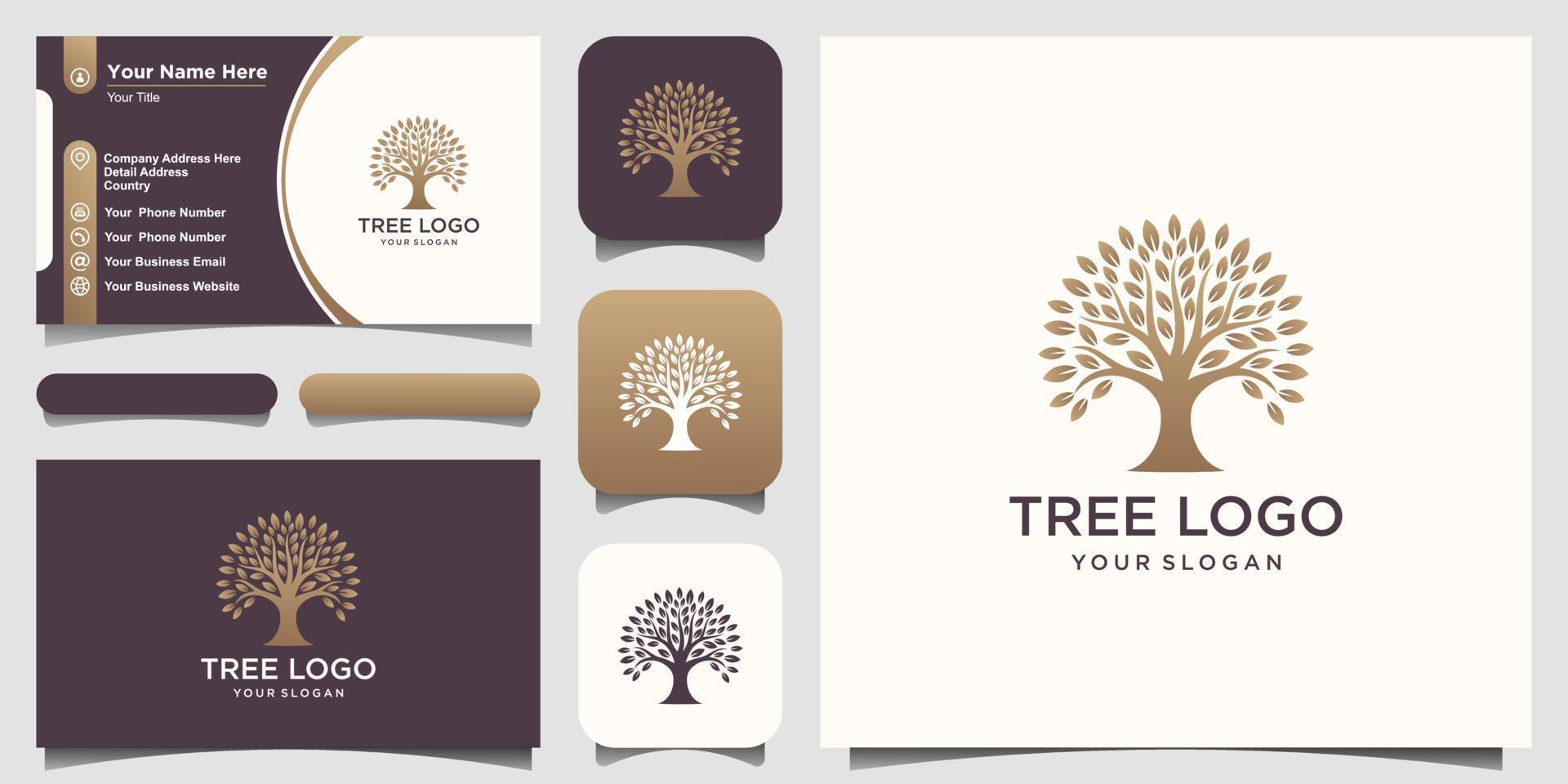 elementos de diseño del logo dorado del árbol. plantilla de logotipo de vector de jardín verde y diseño de tarjeta de visita