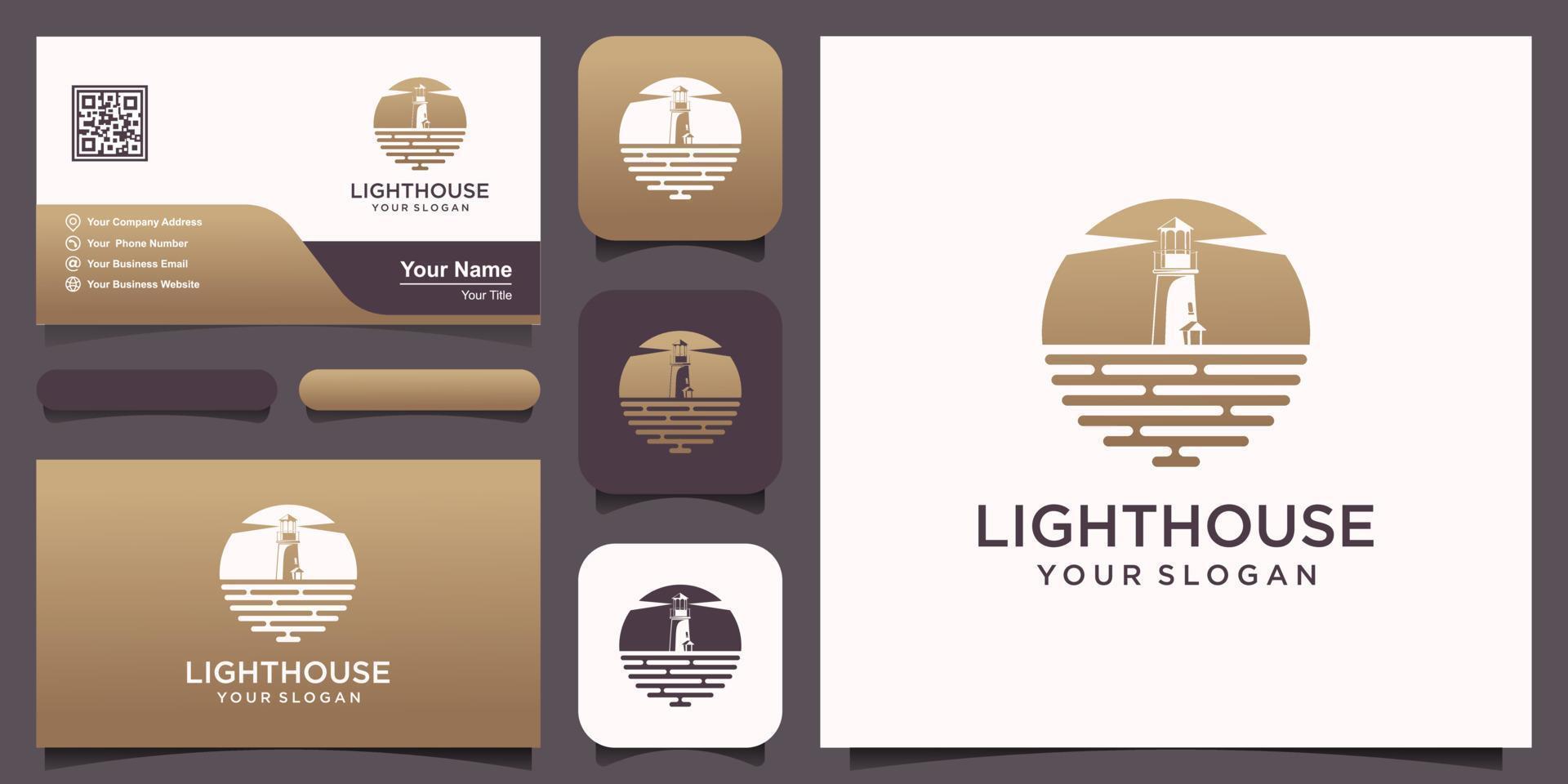 Modern Lighthouse Searchlight Tower Island with Swoosh Concept Simple Line Art Style Logo Design. vector