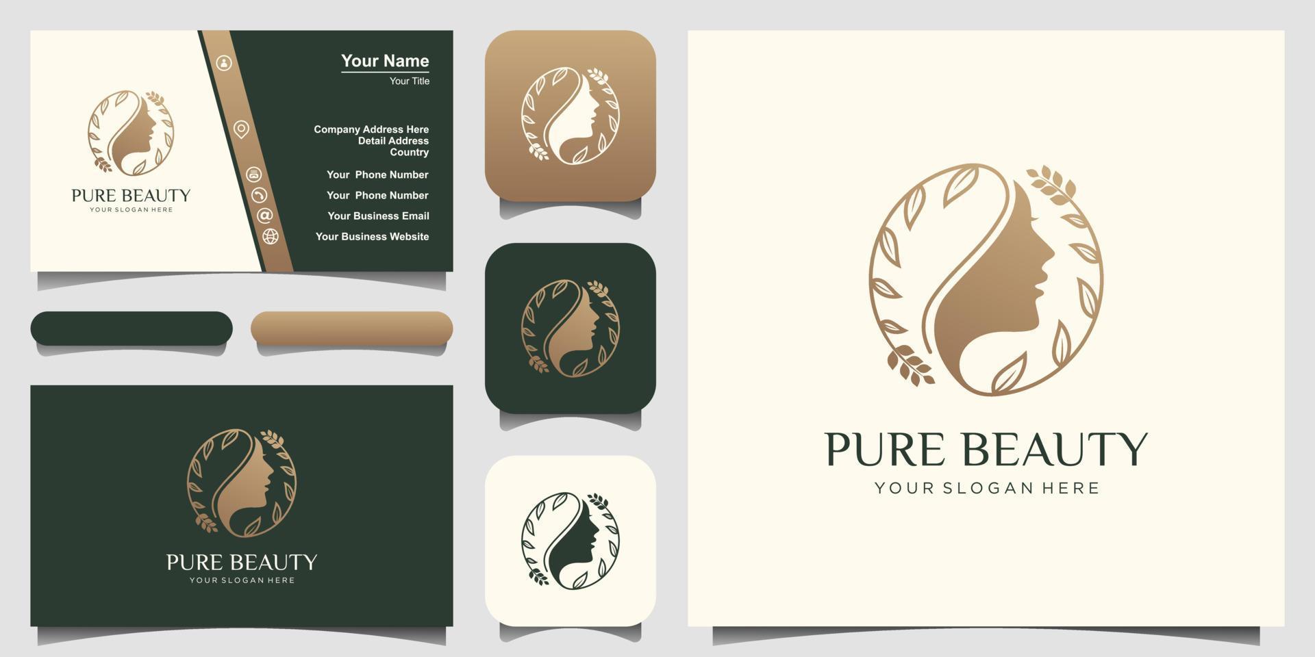 woman face with leaf style stylized silhouette, beauty salon logo template vector