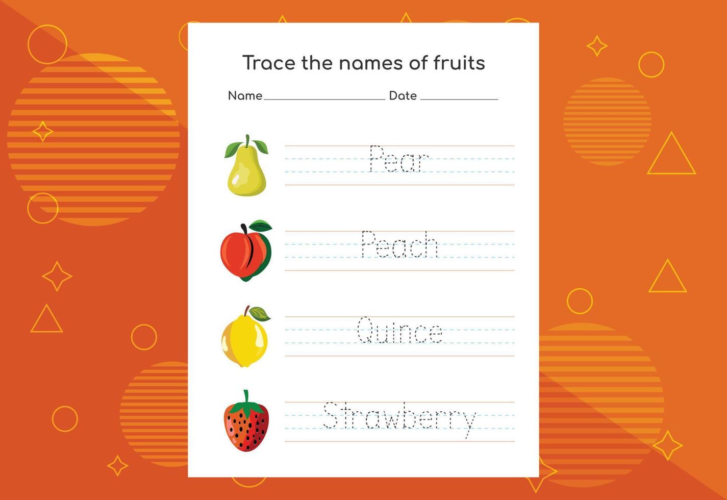 Trace the names of fruits. Handwriting practice for preschool kids. vector