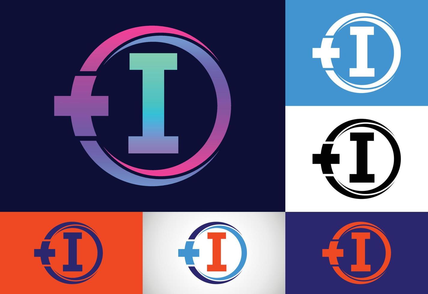 Initial I monogram in a circle with cross plus. Medical logo. Logo for pharmacy, clinic business. vector
