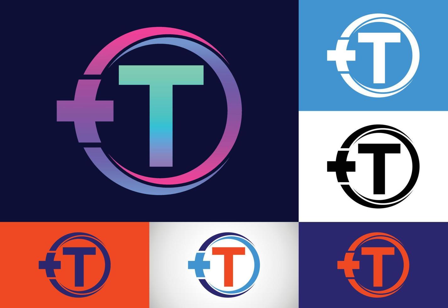 Initial T monogram in a circle with cross plus. Medical logo. Logo for pharmacy, clinic business. vector