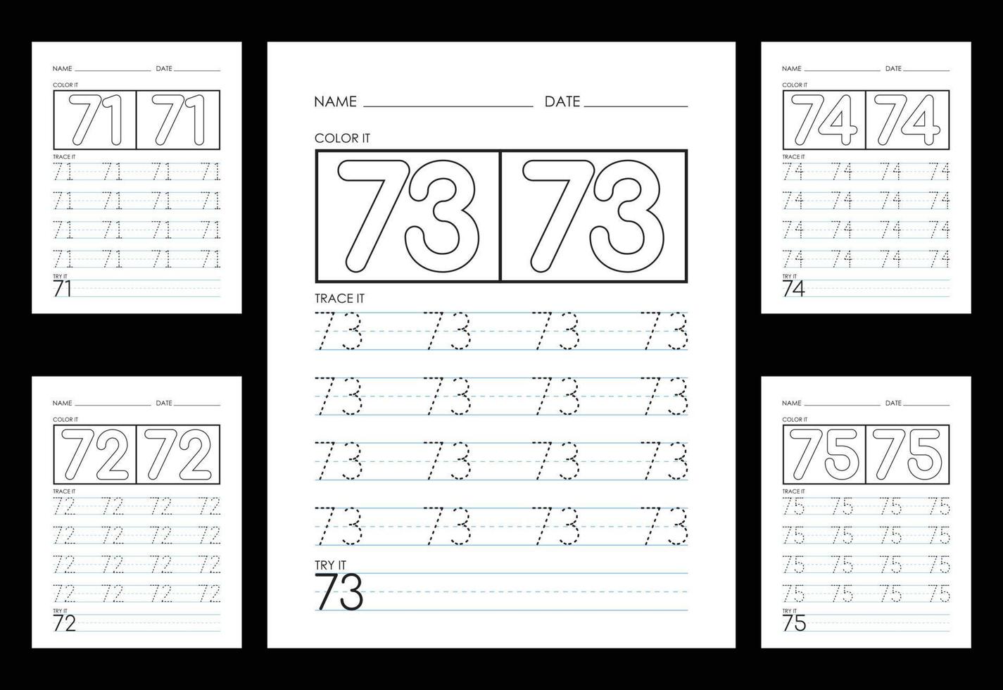 Tracing And Coloring Numbers Worksheets Learn Numbers. vector