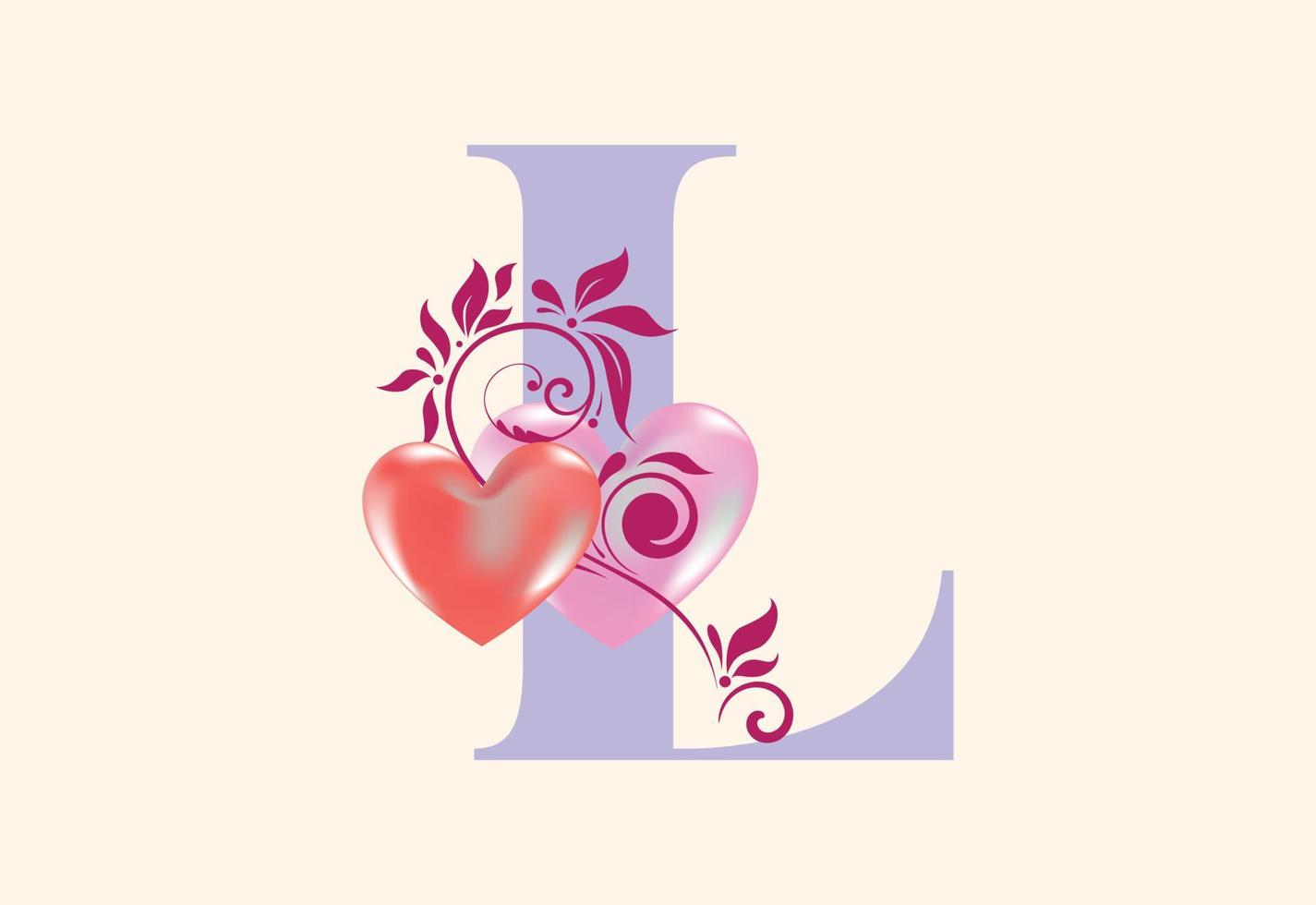 Floral L monogram letter with heart sign. Initial alphabet with botanical elements. vector