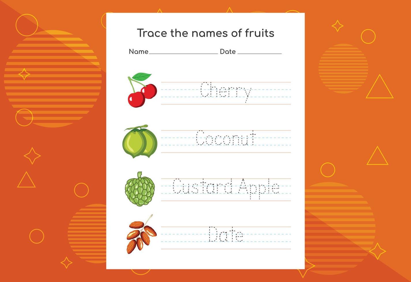 Trace the names of fruits. Handwriting practice for preschool kids. vector