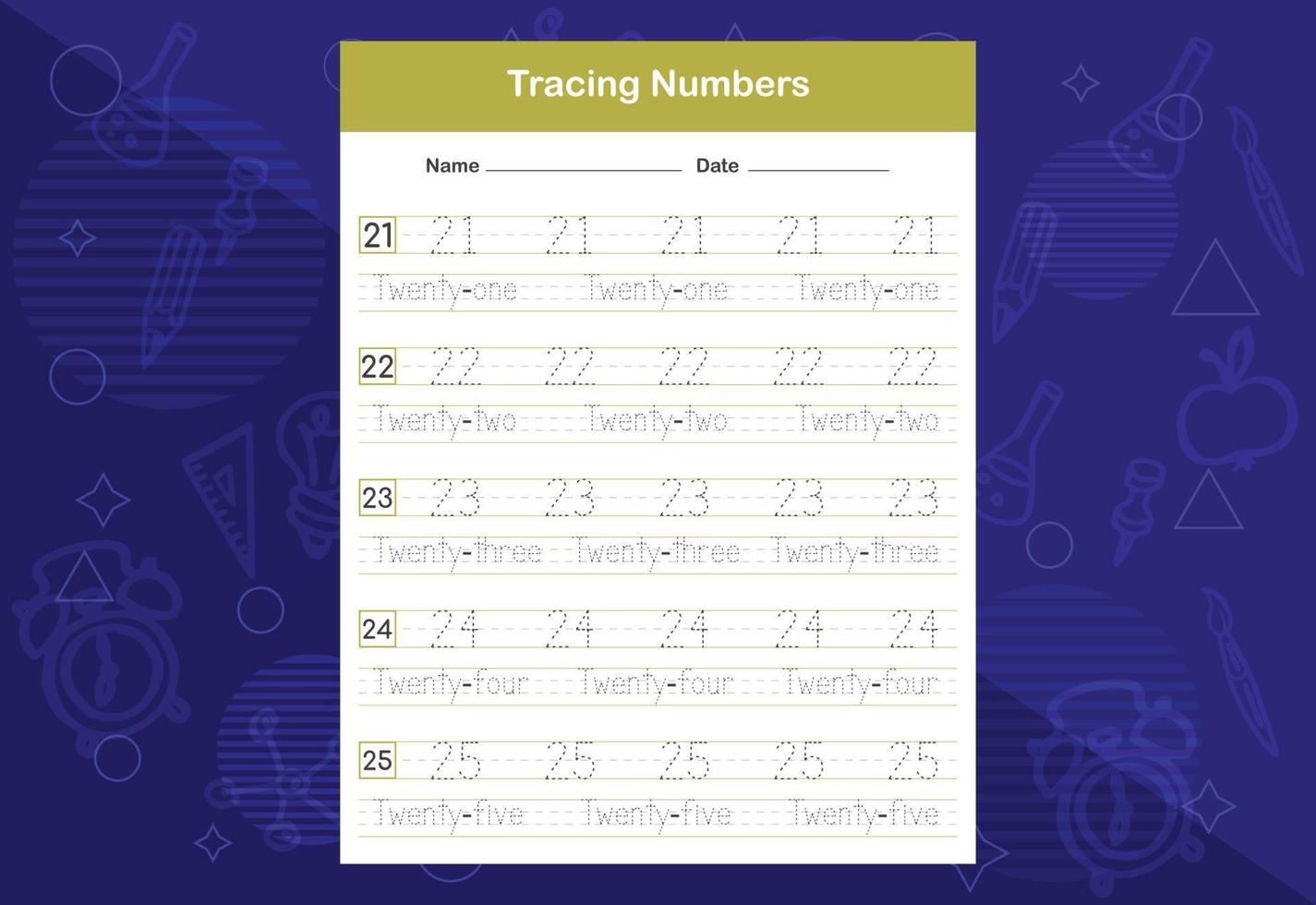 Tracing Numbers Worksheets. An educational worksheet for kids. Learn Numbers vector