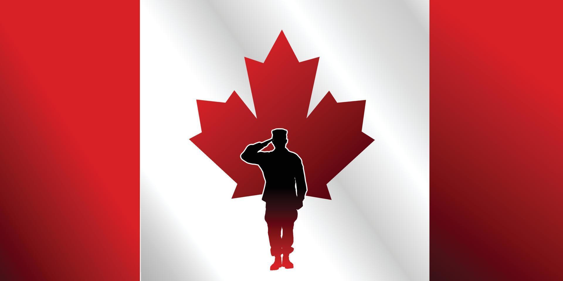 diseño de afiches para canadá, orgullosos soldados canadienses saludando, hoja de arce e icono de bandera en un fondo rojo. la bandera canadiense y la silueta de los soldados vector