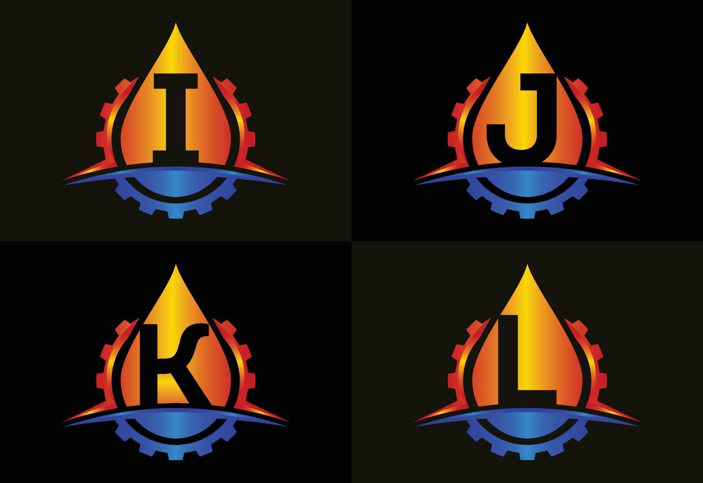 alfabeto inicial del monograma ijkl con engranaje swoosh y aceite. concepto de logotipo de petróleo y gas. emblema de fuente vector