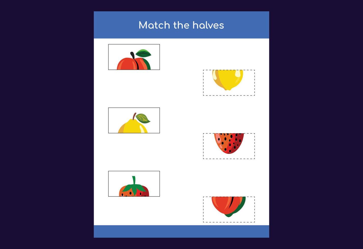 juego de correspondencias. emparejar mitades de frutas. juego educativo para niños, hoja de trabajo imprimible vector