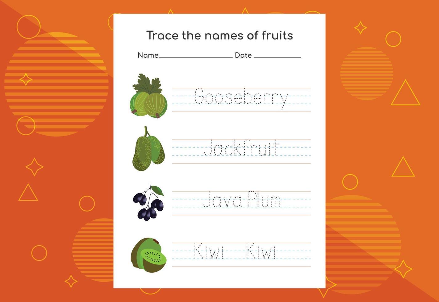 Trace the names of fruits. Handwriting practice for preschool kids. vector