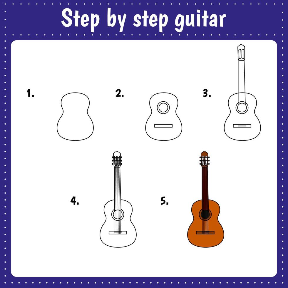 Educational worksheet for kids. Step by step drawing illustration. Guitar. Musical instrument. Activity page for preschool education. vector