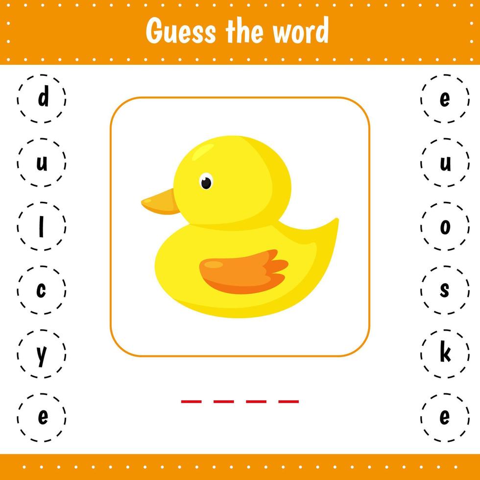 Guess the word. Duck. Bird. Educational worksheet for kids activity. Vector illustration. Logic page for preschool children.
