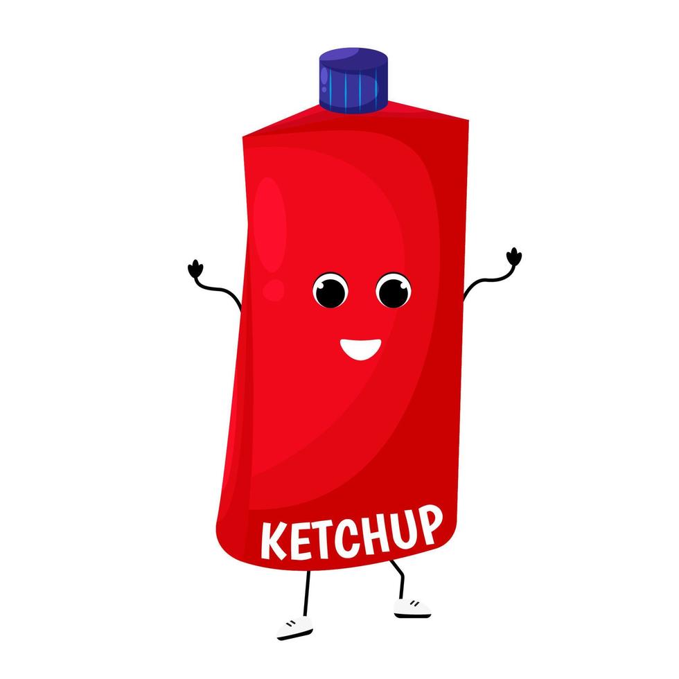 Ketchup bottle with eyes and mouth. Funny tomato character. Illustration for kids. vector