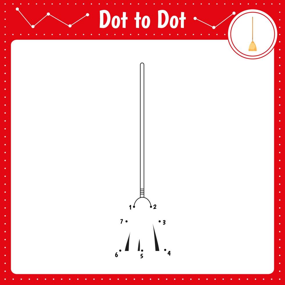 Connect the dots. Broom. Utensil. Dot to dot educational game. Coloring book for preschool kids activity worksheet. Vector Illustration.