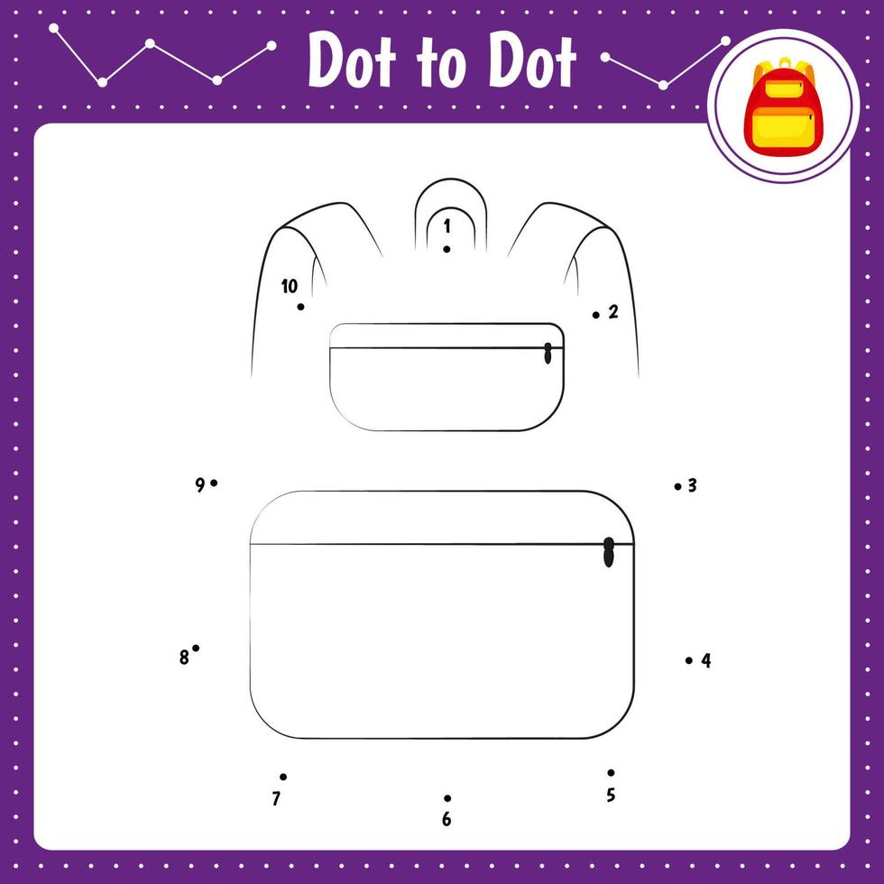 Connect the dots. Backpack. Dot to dot educational game. Coloring book for preschool kids activity worksheet. vector