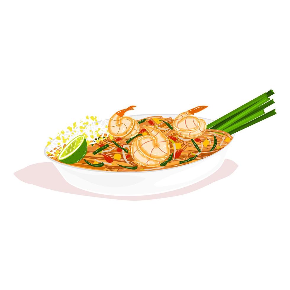 Pad Thai with shrimp. Thai food. Street food. Vector illustration.