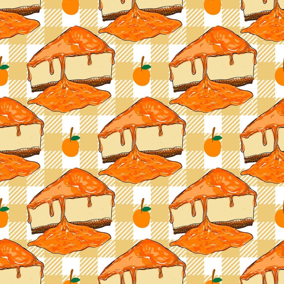 Seamless pattern with desserts. A piece of orange cake. Wrapping paper pattern. vector