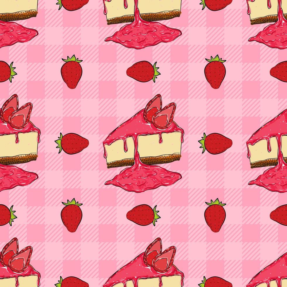 Seamless pattern with strawberry cheesecake. Bakery seamless background. Wrapping paper pattern. Hand drawn vector. Cute pattern. vector