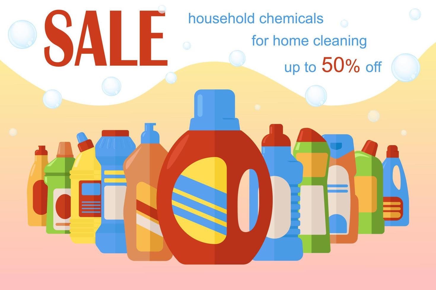 Horizontal banner with images of detergent products, soap bubbles. Cleaning of premises, houses. Household chemicals. Colorful bottles of various shapes vector