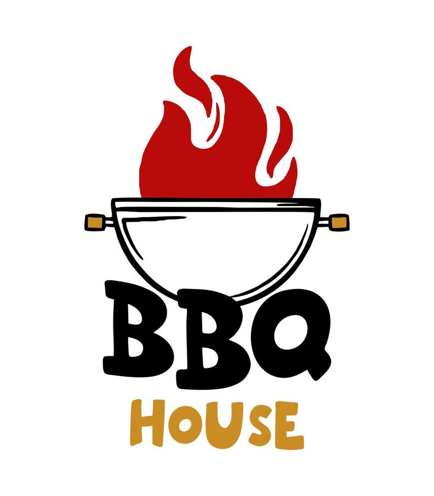 BBQ house hand-drawn inscription slogan food court emblem menu restaurant bar cafe Vector illustration grill on fire