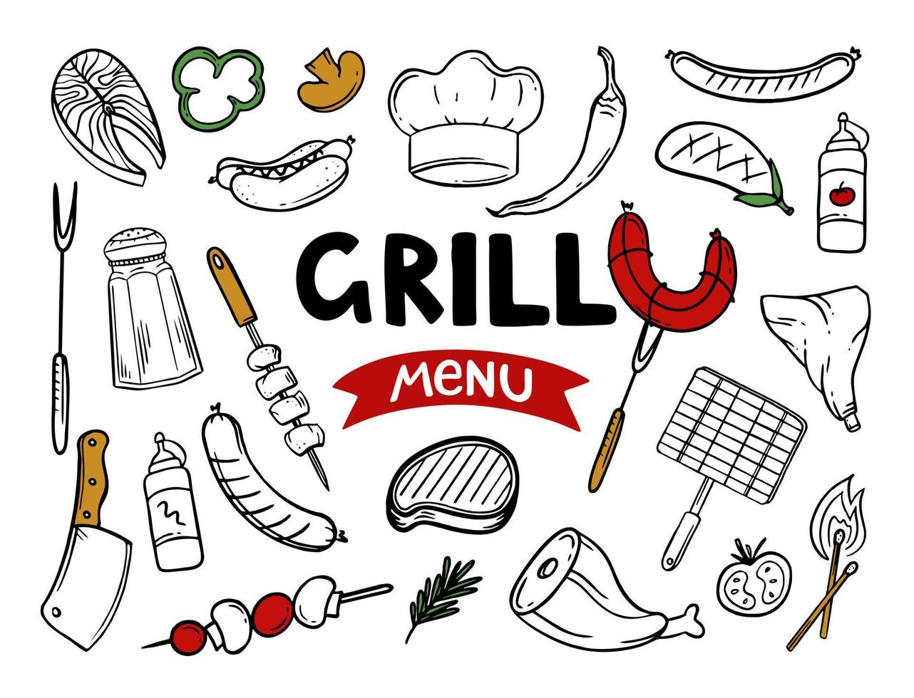 menú a la parrilla elementos de menú dibujados a mano de restaurante bar cafetería ilustración vectorial de garabatos de comida de barbacoa vector