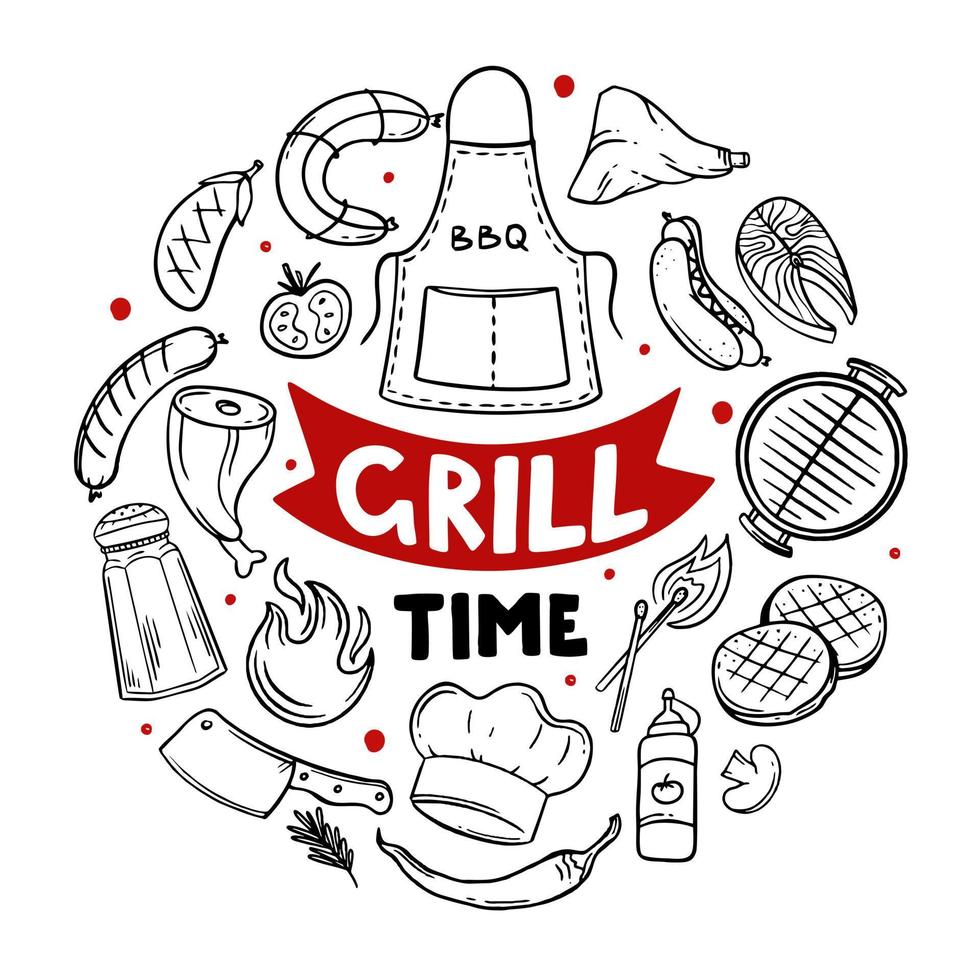 tiempo de parrilla artículos de menú dibujados a mano de restaurante bar café ilustración vectorial de garabatos de comida de barbacoa vector
