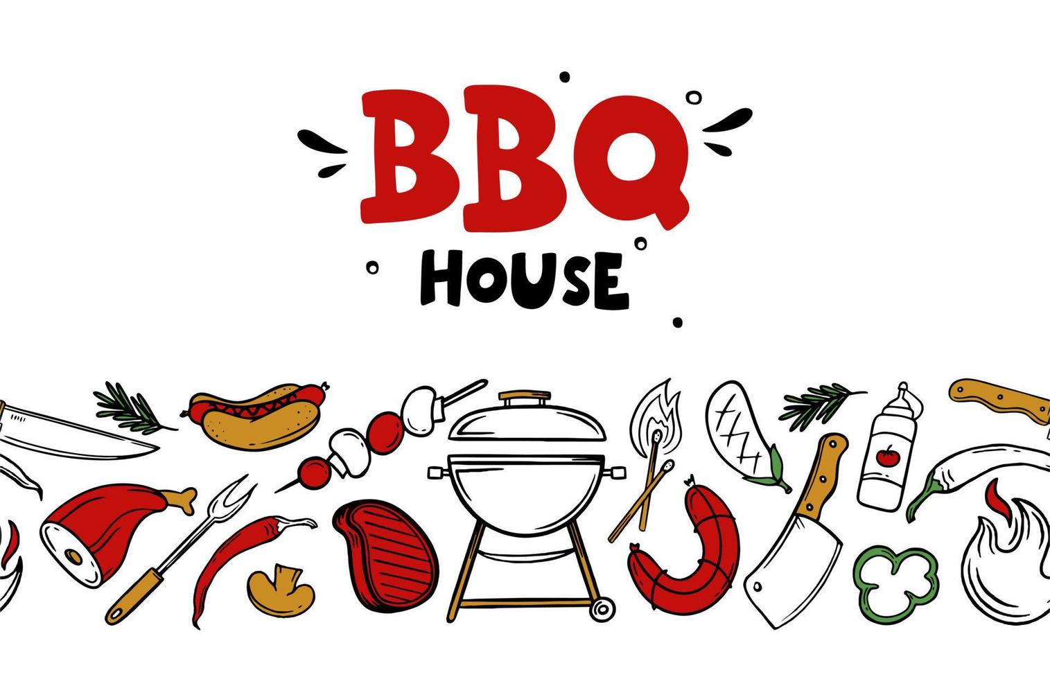 Banner cover for a menu with grill and barbecue elements for a restaurant bar cafe on a white background Vector illustration of doodles