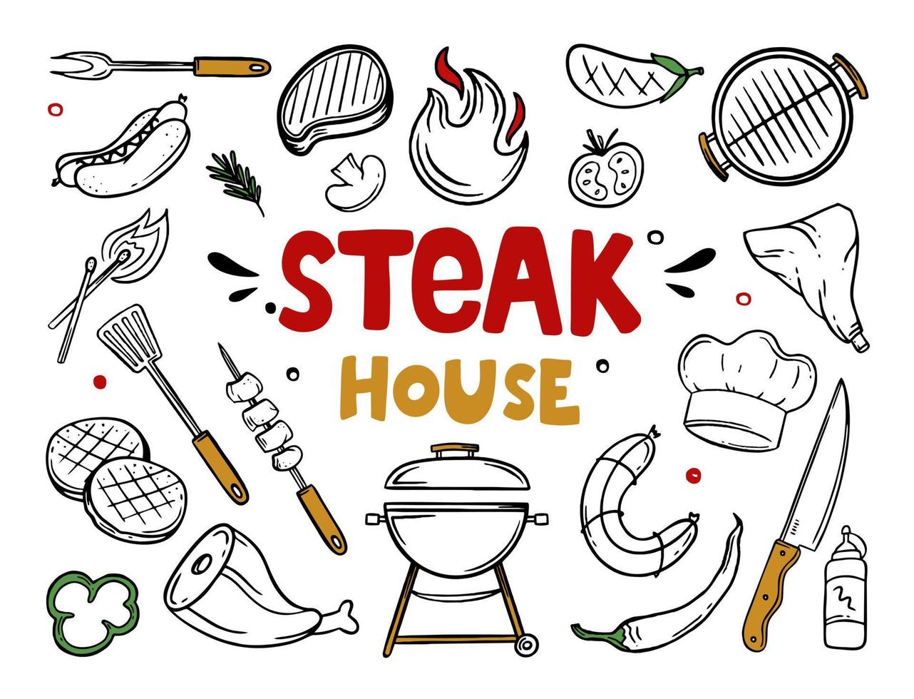 Steak house hand-drawn menu items of restaurant bar cafe Vector illustration of barbecue food doodles