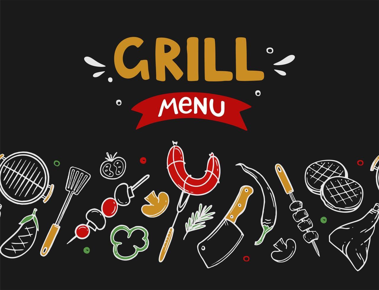 Banner cover for a menu with grill and barbecue elements for a restaurant bar cafe on a black background Vector illustration of doodles