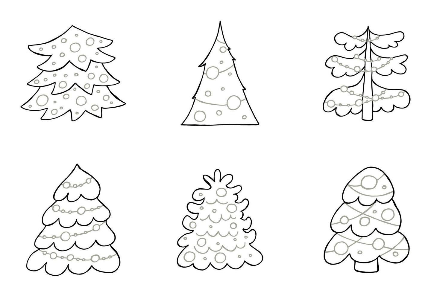 A set of hand-drawn christmas trees. Vector illustration in doodle style. Winter mood. Hello 2023. Merry Christmas and Happy New Year. Black and gray elements on a white background.