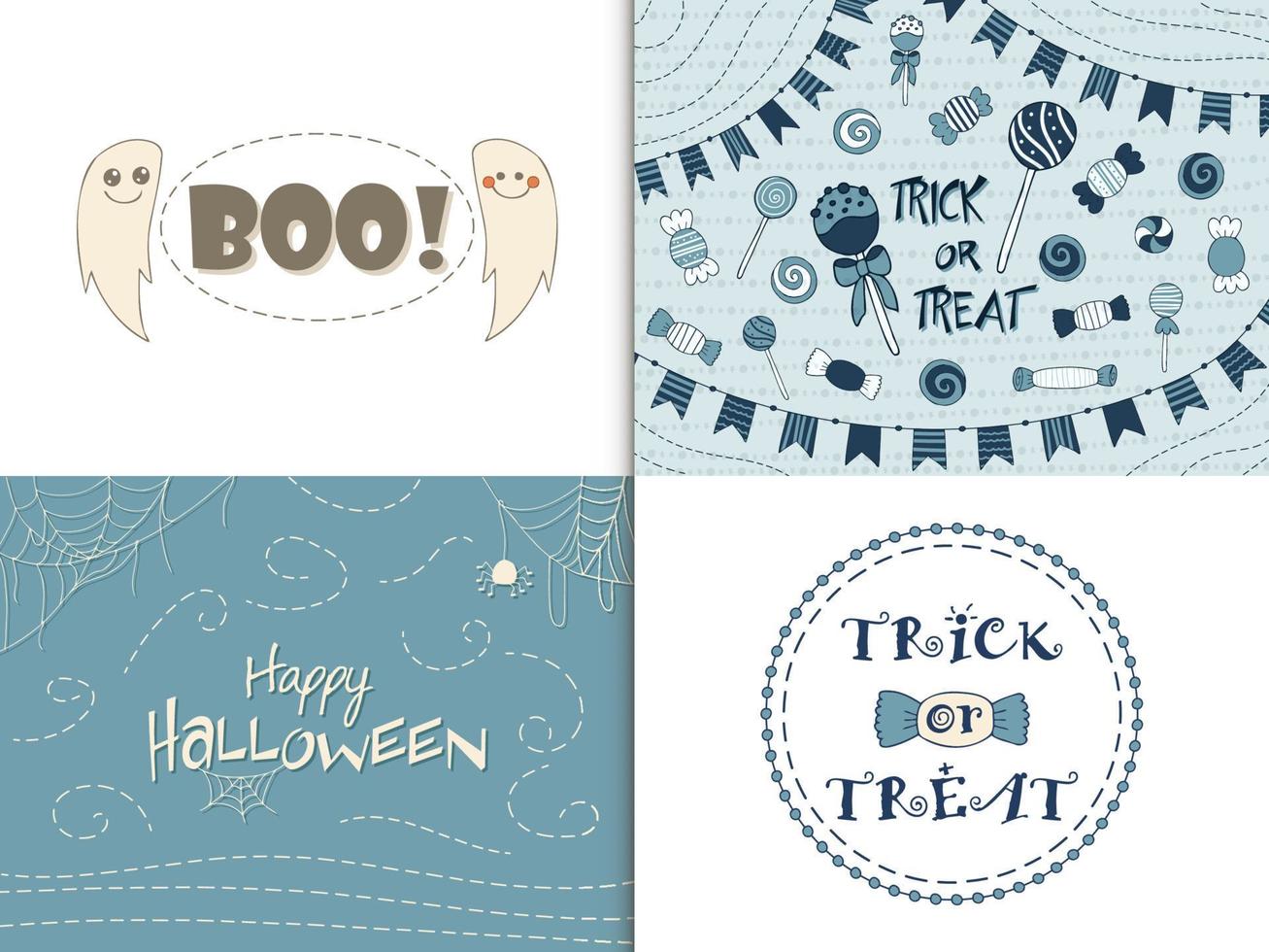 Set of 4 illustration. Halloween - October 31. Hand-drawn doodle illustration. Trick or treat. Happy Halloween 2022. vector