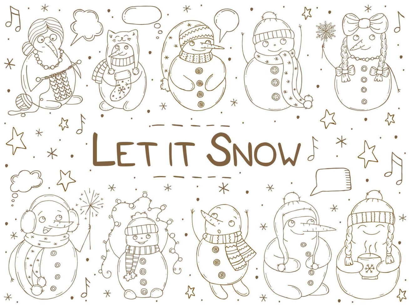 conjunto de lindos muñecos de nieve sobre un fondo blanco. ilustración vectorial en estilo garabato. estado de ánimo de invierno. hola 2023. feliz navidad y próspero año nuevo. vector